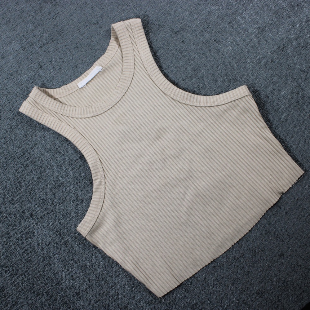 12th Tribe Ribbed Crop Tank Top Beige Tan Crew Neck Sleeveless Large
